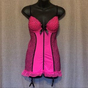 Small La Vie En Rose hot pink teddy with black velvet hearts frilly lace bum